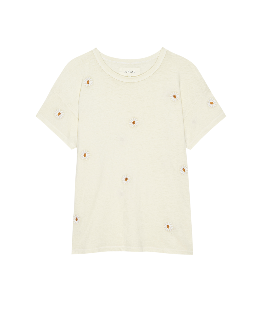 The Boxy Crew. Embroidered by THE GREAT. SU25 is a short-sleeved, washed white boxy crewneck tee featuring scattered floating daisy embroidery.