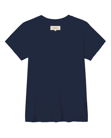The Slim Tee in True Navy by THE GREAT. FALL 23 KNITS is a short-sleeved, round neckline t-shirt made from 100% cotton.