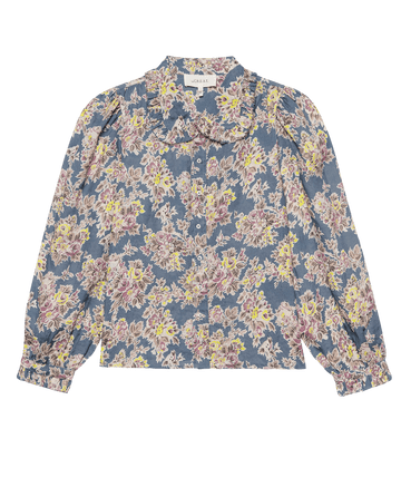 The Hemingway Top by THE GREAT. PF25 features long sleeves, button-up design, and a blue base with yellow, pink, and white floral print plus a rounded collar.