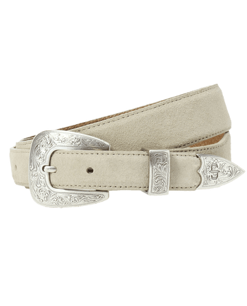 The Western Narrow Belt by THE GREAT. STETSON SP26 in cream with silver, featuring an ornate engraved silver buckle and tip, is shown coiled against a white background.
