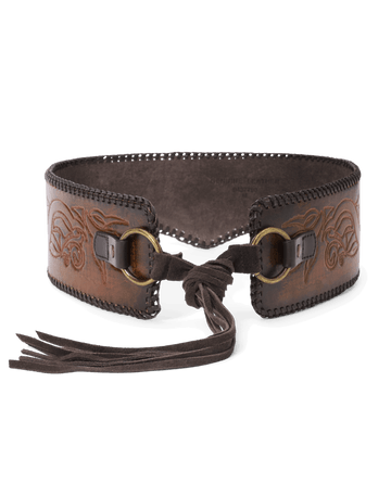 The Tooled Corset Belt in Burnished Brown by THE GREAT. F26 STETSON features top-grain leather with an embossed design, two brass rings, a suede tie closure, and stitched edges—an artisanal piece from the Stetson collaboration showcased on a white background.