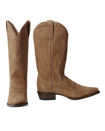 THE GREAT. STETSON SP26 "The Cowboy Boot (Suede)" in tan: suede boots with decorative stitching, pointed toes, and low stacked heels, shown from front and side angles.