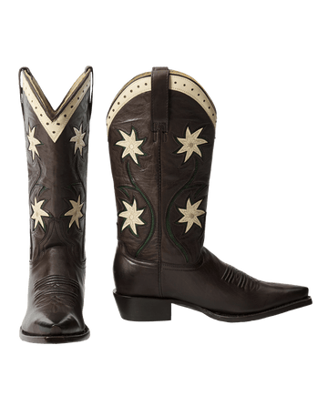The Cowboy Boot (Leather Floral) by THE GREAT. STETSON SP26 in Brown Floral features white and green star-shaped embroidery with cream accents, adding a stylish Western touch to any outfit.