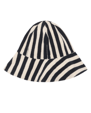 The Bucket Hat by THE GREAT. SU26 in Navy Shoreside Stripe, featuring a wide brim and stylish stripes, is displayed on a plain white background—perfect for sunny days.