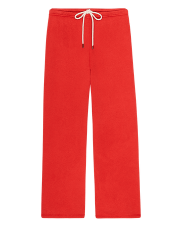 Red The Fleece Lap Sweatpant. -- Campfire fleece sweatpants with an elastic waistband and a thick white drawstring.