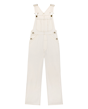 The Union Slim Overall by THE GREAT. SP26 D1 in Washed White features adjustable shoulder straps, a front chest pocket, side buttons, and wide legs, shown laid flat on a white background.