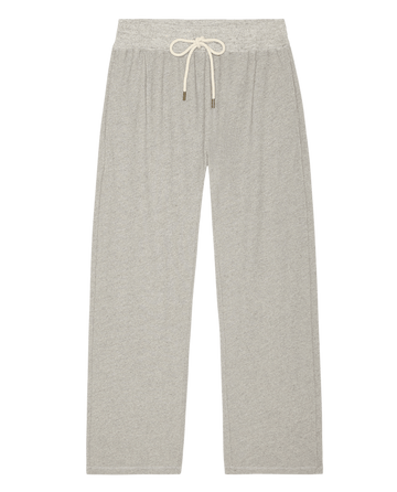 The Horseshoe Sweatpant by SP26 New Knits in Varsity Grey features an elastic waistband, beige drawstring, and wide legs—ideal for cozy loungewear. Shown laid flat on a white background.