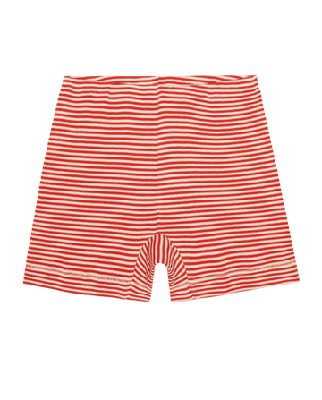 The GREAT. SU26 Relay Short in Pimento Stripe, featuring red and white horizontal stripes, shown laid flat on a white background.