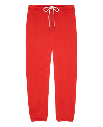 Red The Fleece Stadium Sweatpant -- Campfire fleece sweatpants with an elastic waistband, a white drawstring, and cinched cuffs.