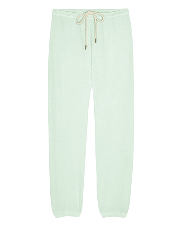 The Fleece Stadium Sweatpant in Fresh Mint featuring an elastic waistband, drawstring closure, and banded cuffs.