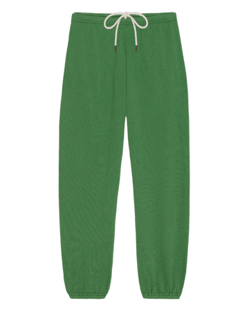 The Stadium Sweatpant in Fennel by THE GREAT. SU26 SEASONAL CORE features an elastic waistband, white drawstring, and elastic cuffs—ideal for athletic wear. Shown on a plain white background.