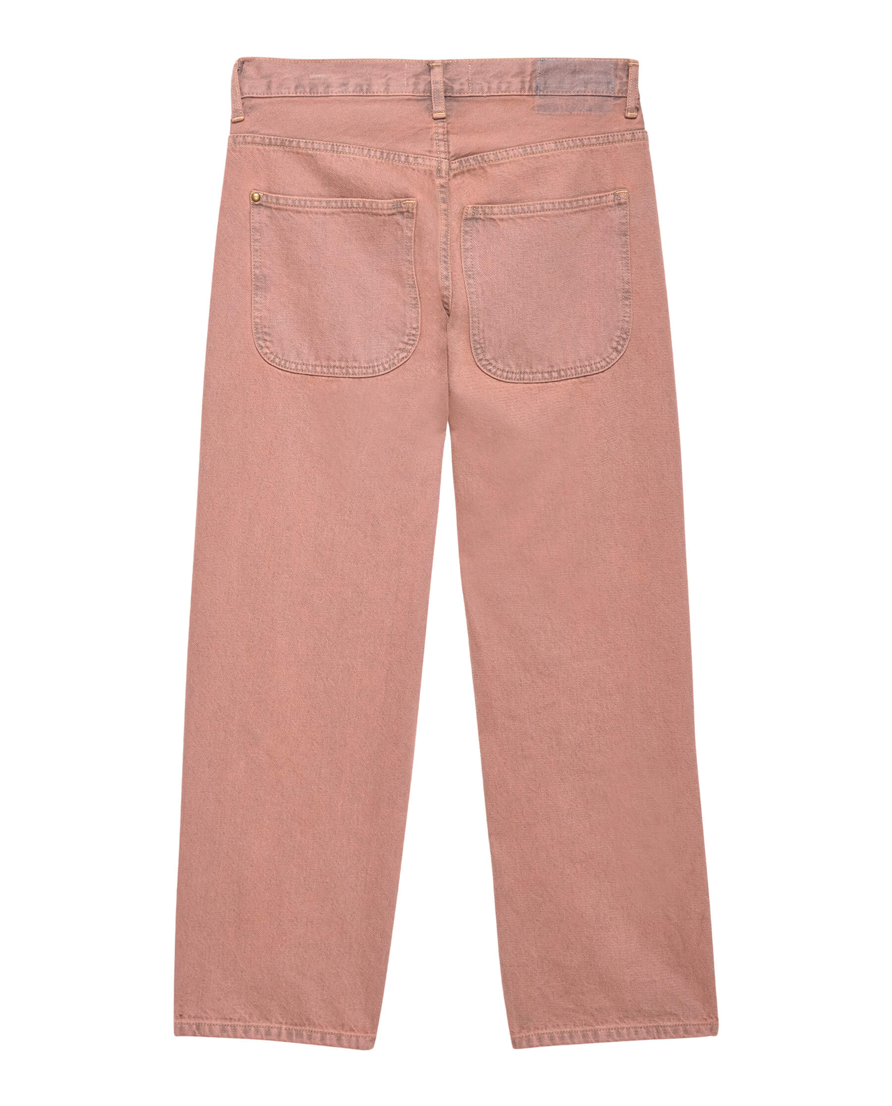 A pair of The Billy Jean, Clean Hem in Musky Pink by THE GREAT. PS24 SALE, showcased flat on a white background. These wide-legged, high-waisted trousers with two large back pockets provide a relaxed silhouette reminiscent of vintage-inspired denim.