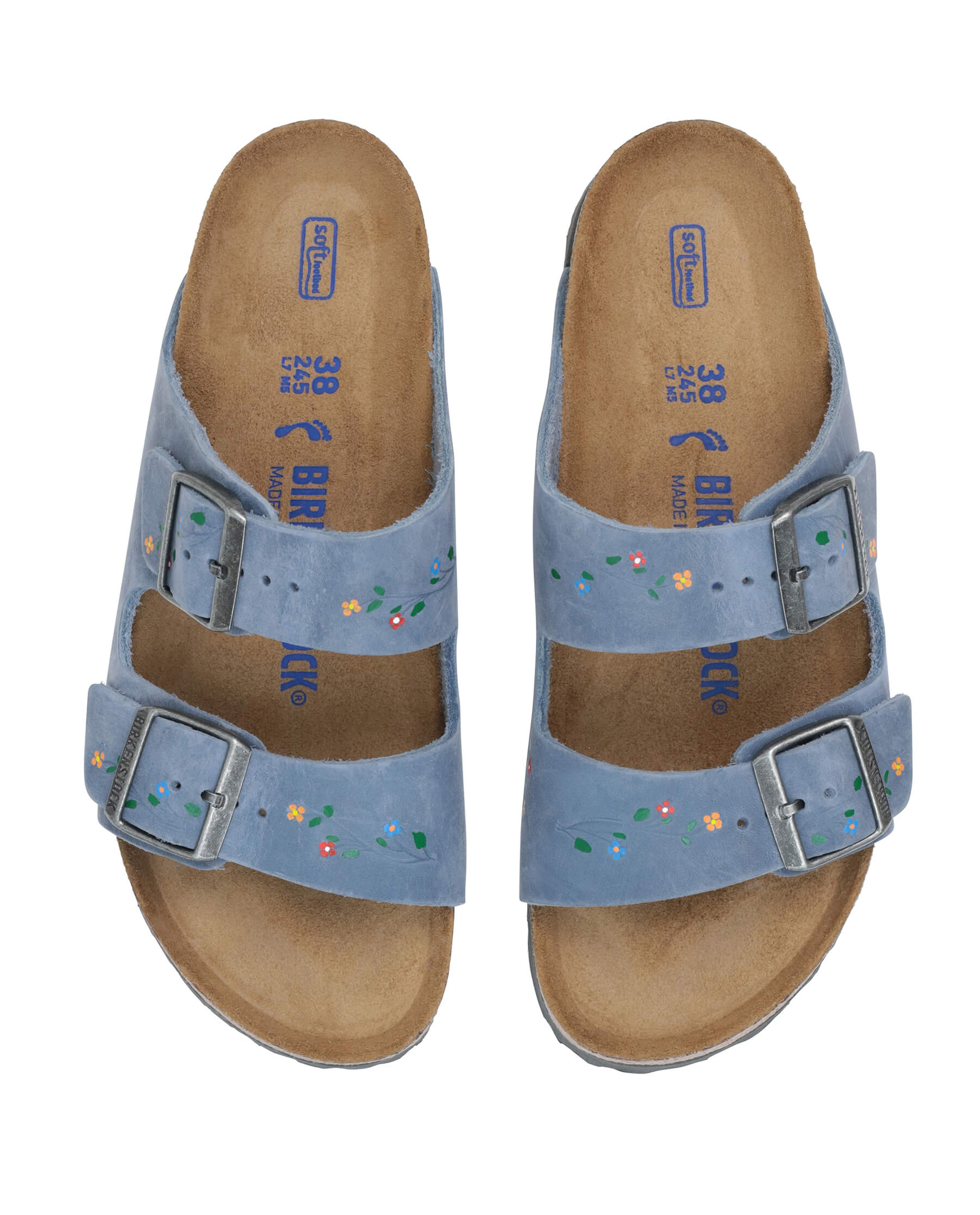 BIRKENSTOCK Arizona with Hand Painted Tooled Vine. -- Dusty Blue Oiled Leather with Multi