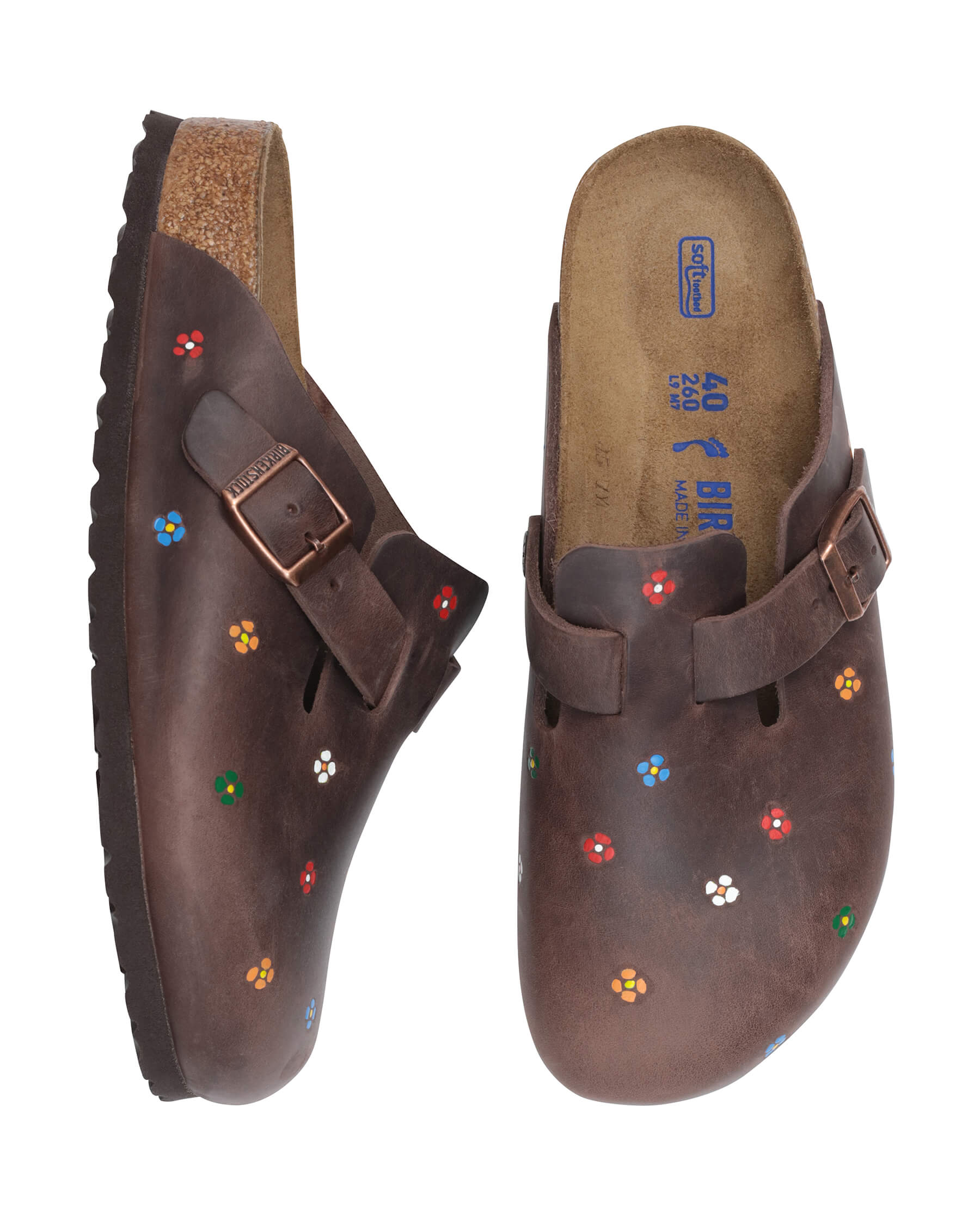 BIRKENSTOCK Boston with Hand Painted Tooled Daisy. -- Habana Oiled Leather Multi
