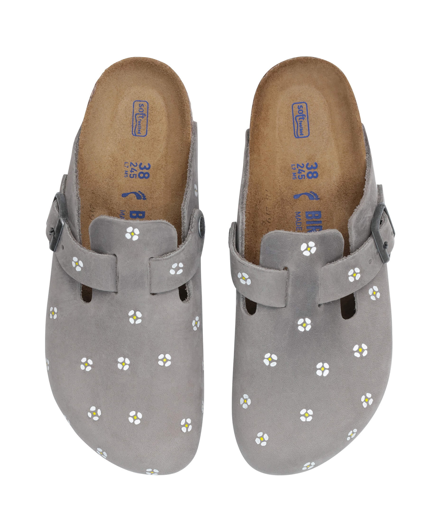 BIRKENSTOCK Boston with Hand Painted Tooled Daisy. -- Iron Oiled Leather with Cream
