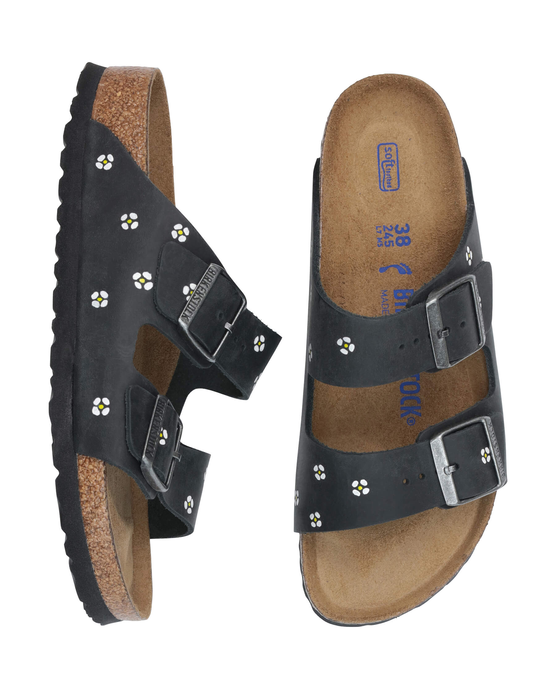 BIRKENSTOCK Arizona with Hand Painted Tooled Daisy. -- Black Oiled Leather with Cream