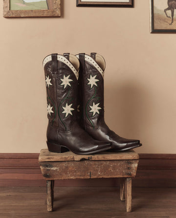 The Cowboy Boot (Leather Floral) in Brown Floral by THE GREAT. STETSON SP26 stands on a wooden stool against a beige wall with framed pictures, showcasing its white star and green leaf designs.