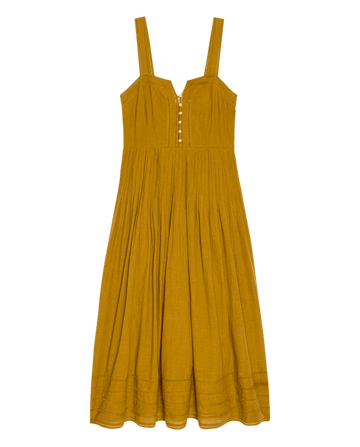The Day Break Dress in Clay by THE GREAT. SU26 features a sleeveless design, fitted bodice, button front detail, and pleated skirt.