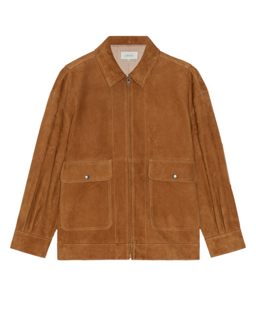 The Suede Folsom Jacket in Cognac by THE GREAT. features a front zipper, long sleeves, a collar, and two large buttoned front pockets in an oversized fit inspired by 1940s workwear, shown against a white background.