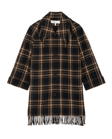 A timeless piece inspired by classic American heritage style, THE GREAT. F26 STETSON “The Fringe Coat” features long sleeves, a carmel and black frontier plaid in wool, buttons down the front, and fringe detailing at the collar and hem—shown on a white background.