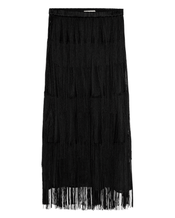 The Fringe Skirt in black, a midi boho skirt featuring tiered layers of long fringe.