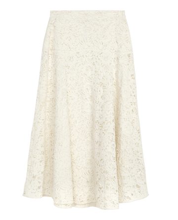 The Relic Lace Saddle Skirt in cream by THE GREAT. F26 STETSON showcases a flared, knee-length silhouette with a high waistband and delicate floral lace pattern—a beautiful testament to American craftsmanship inspired by classic Western dress.