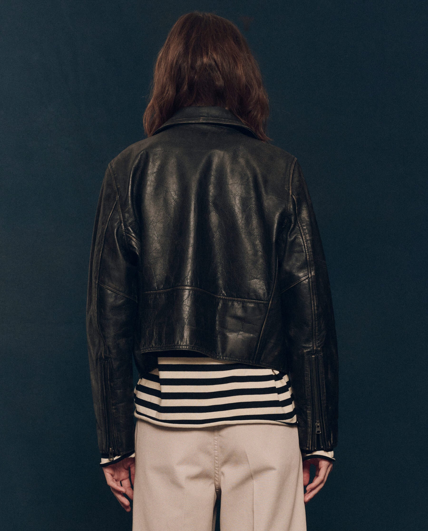 The Perfect Leather Jacket. -- Worn Black JACKET THE GREAT. FALL 24 COLLECTORS