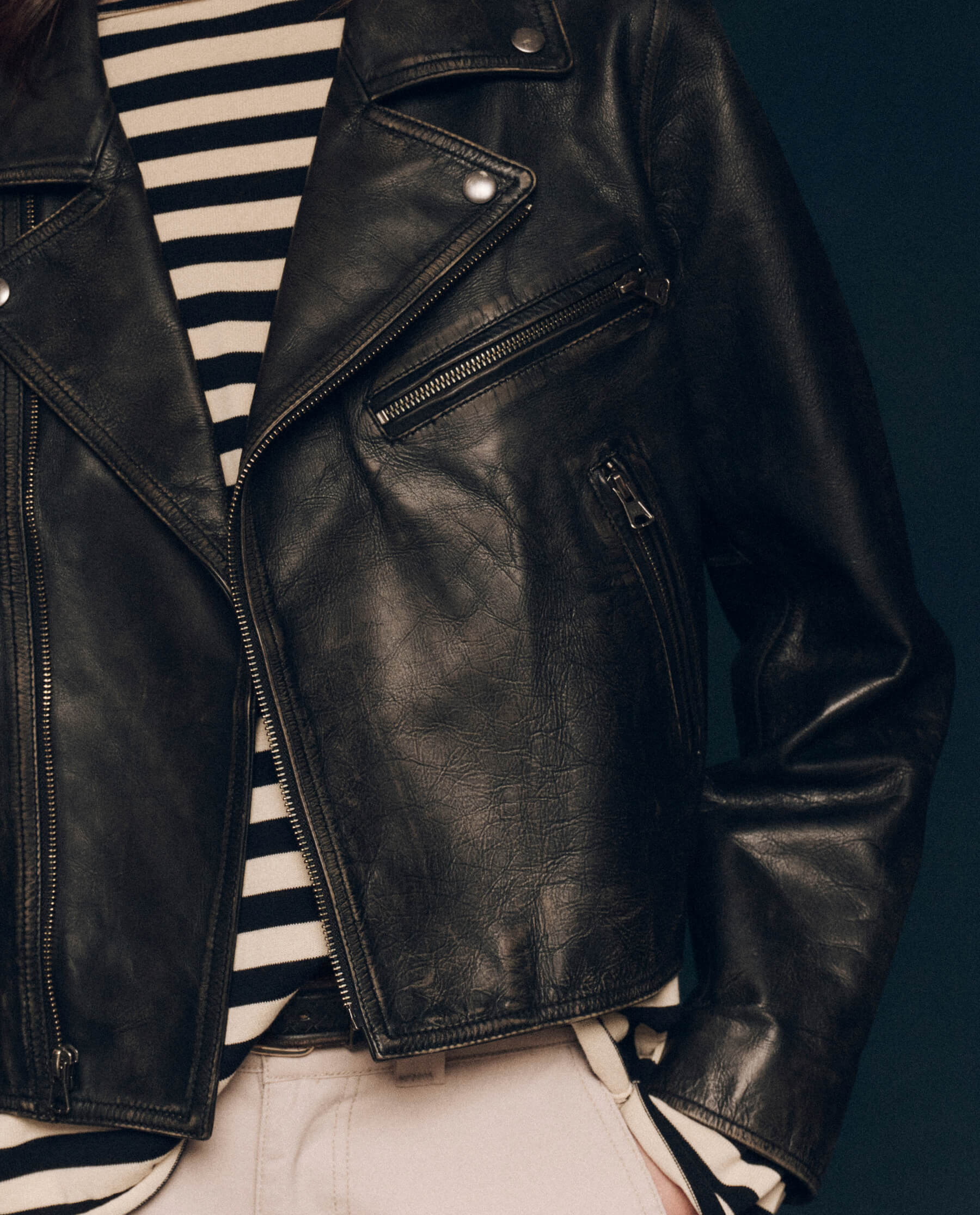 The Perfect Leather Jacket. -- Worn Black JACKET THE GREAT. FALL 24 COLLECTORS