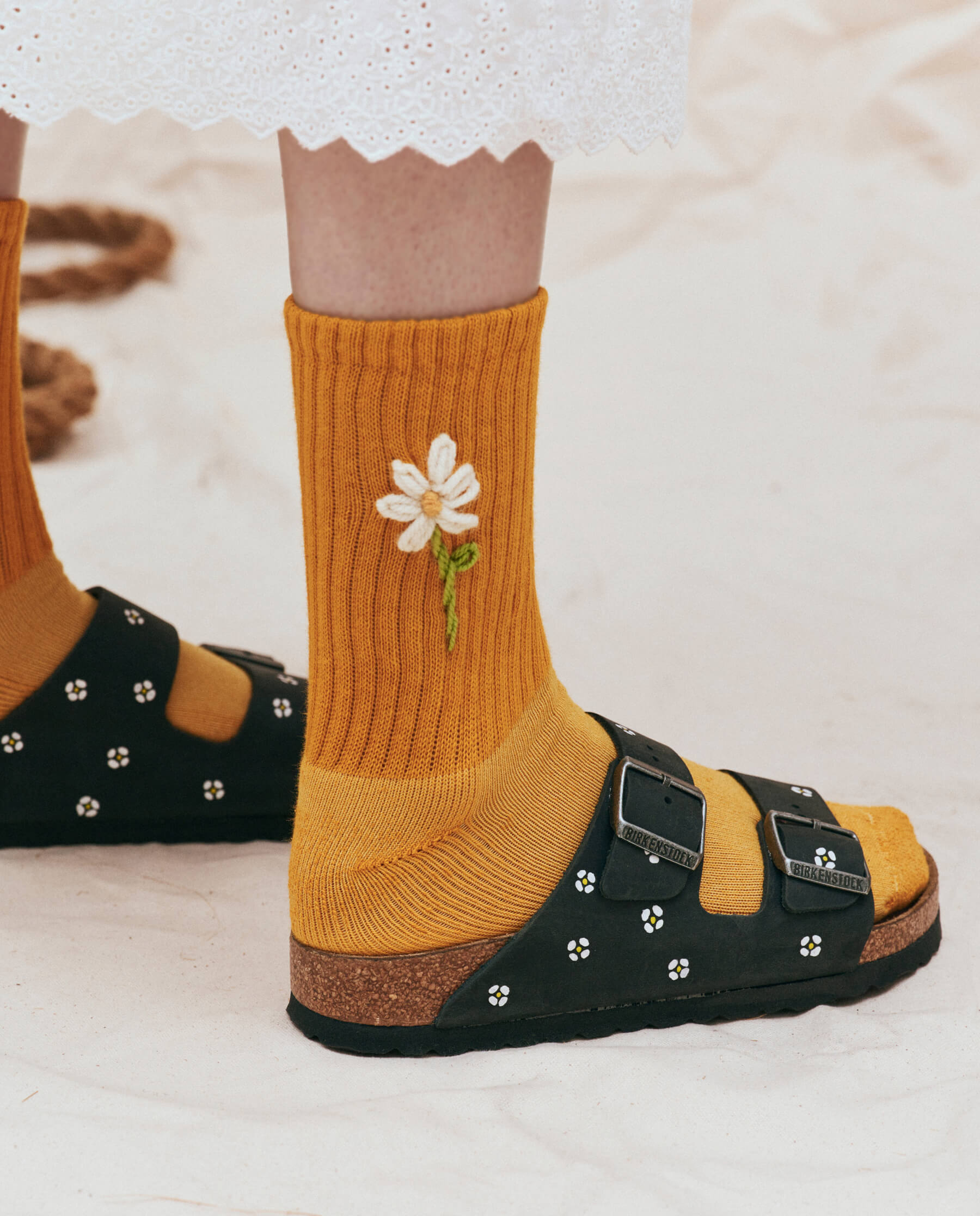 The Embroidered Daisy Crew Sock. -- Marigold with Cream Flower
