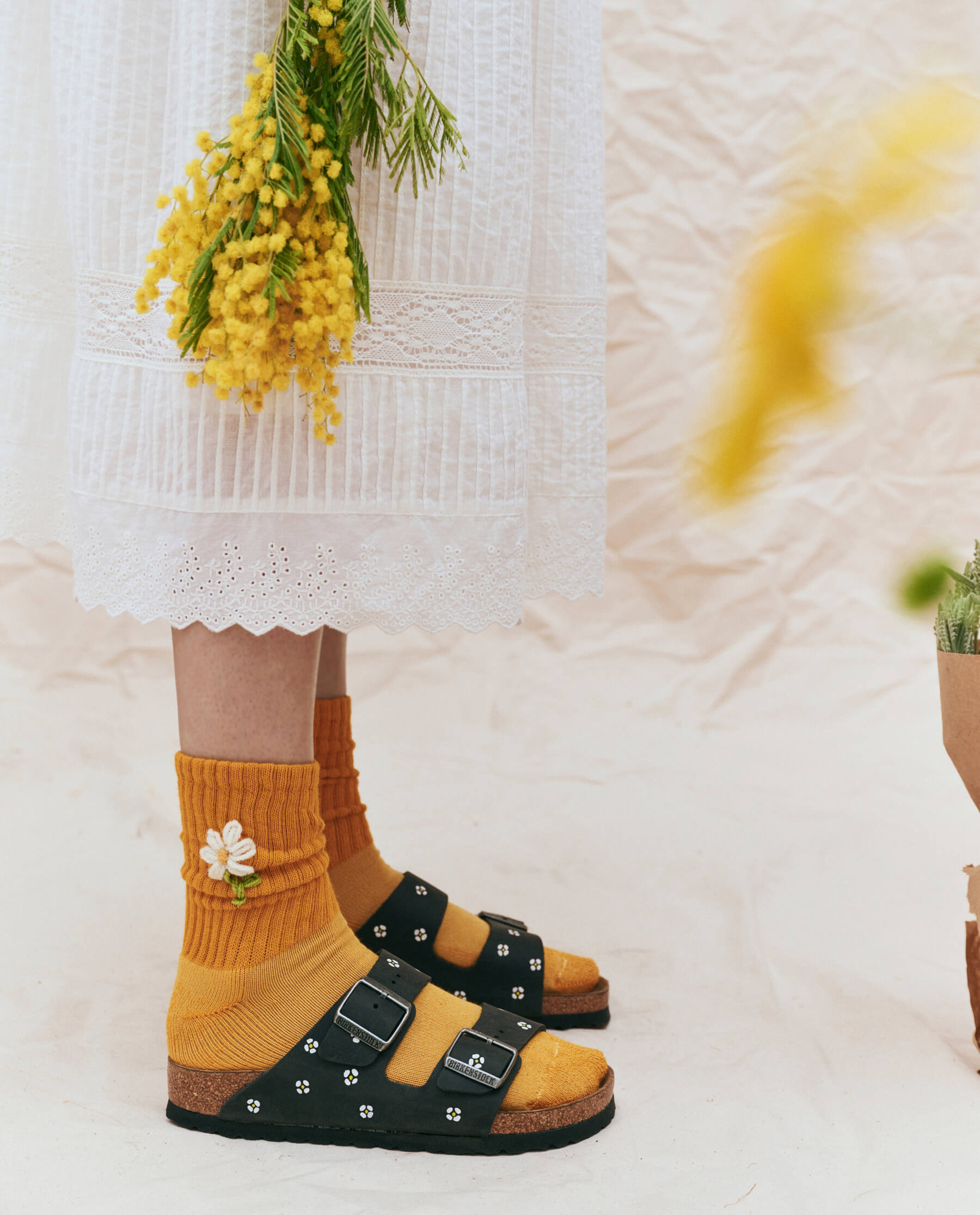 The Embroidered Daisy Crew Sock. -- Marigold with Cream Flower