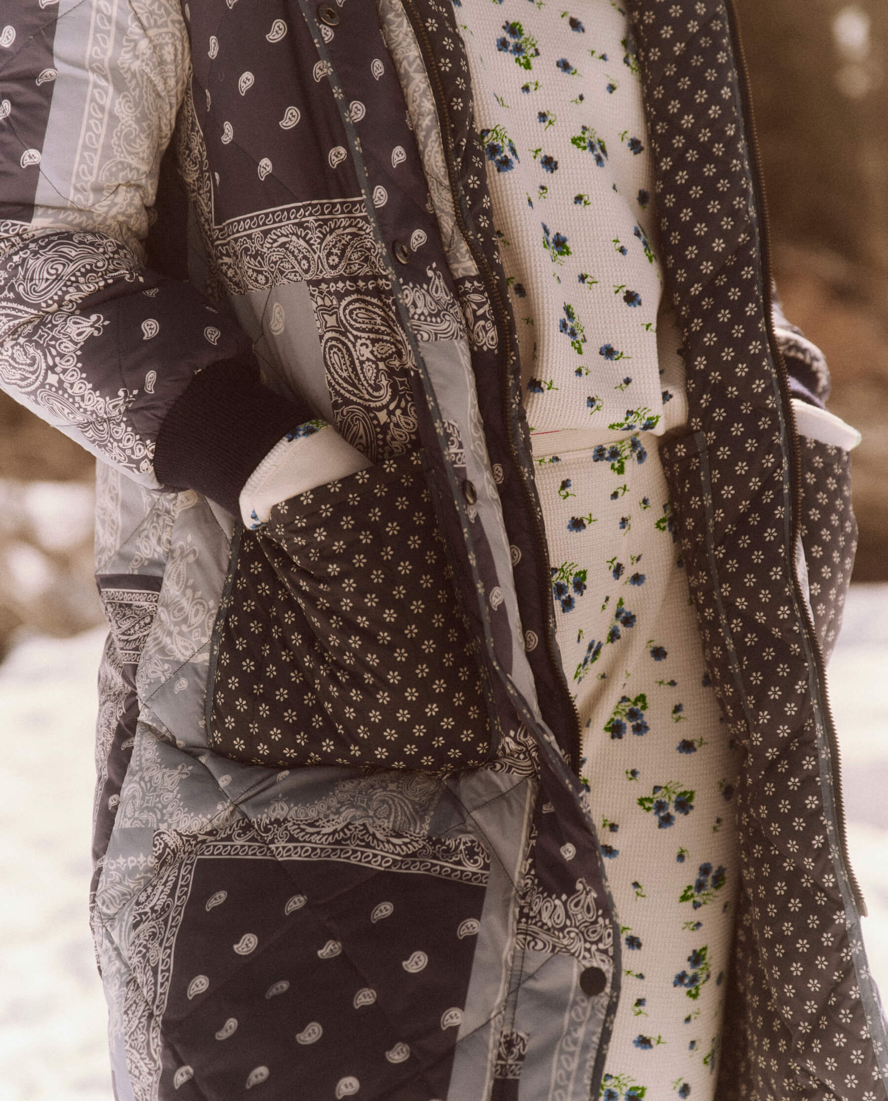 The Reversible Down Storm Puffer. -- Patchwork Bandana and Dewdrop Floral JACKET THE GREAT. FALL 23 TGO SALE
