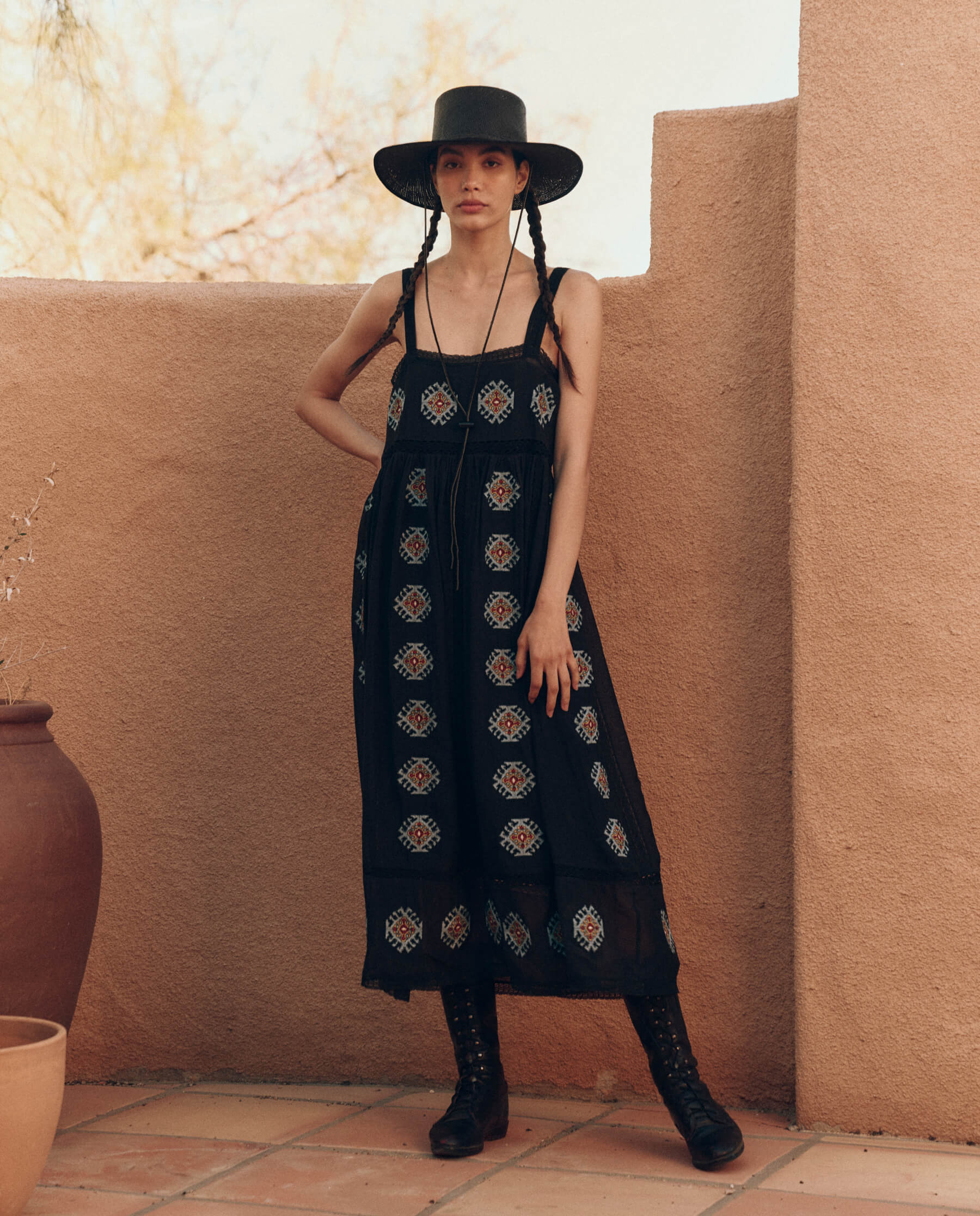 The Roam Dress with Folklore Embroidery. -- Black DRESSES THE GREAT. PF24