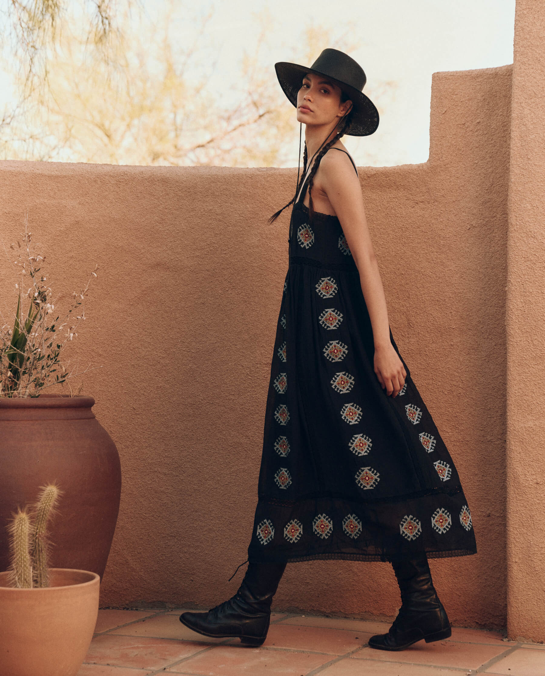 The Roam Dress with Folklore Embroidery. -- Black DRESSES THE GREAT. PF24