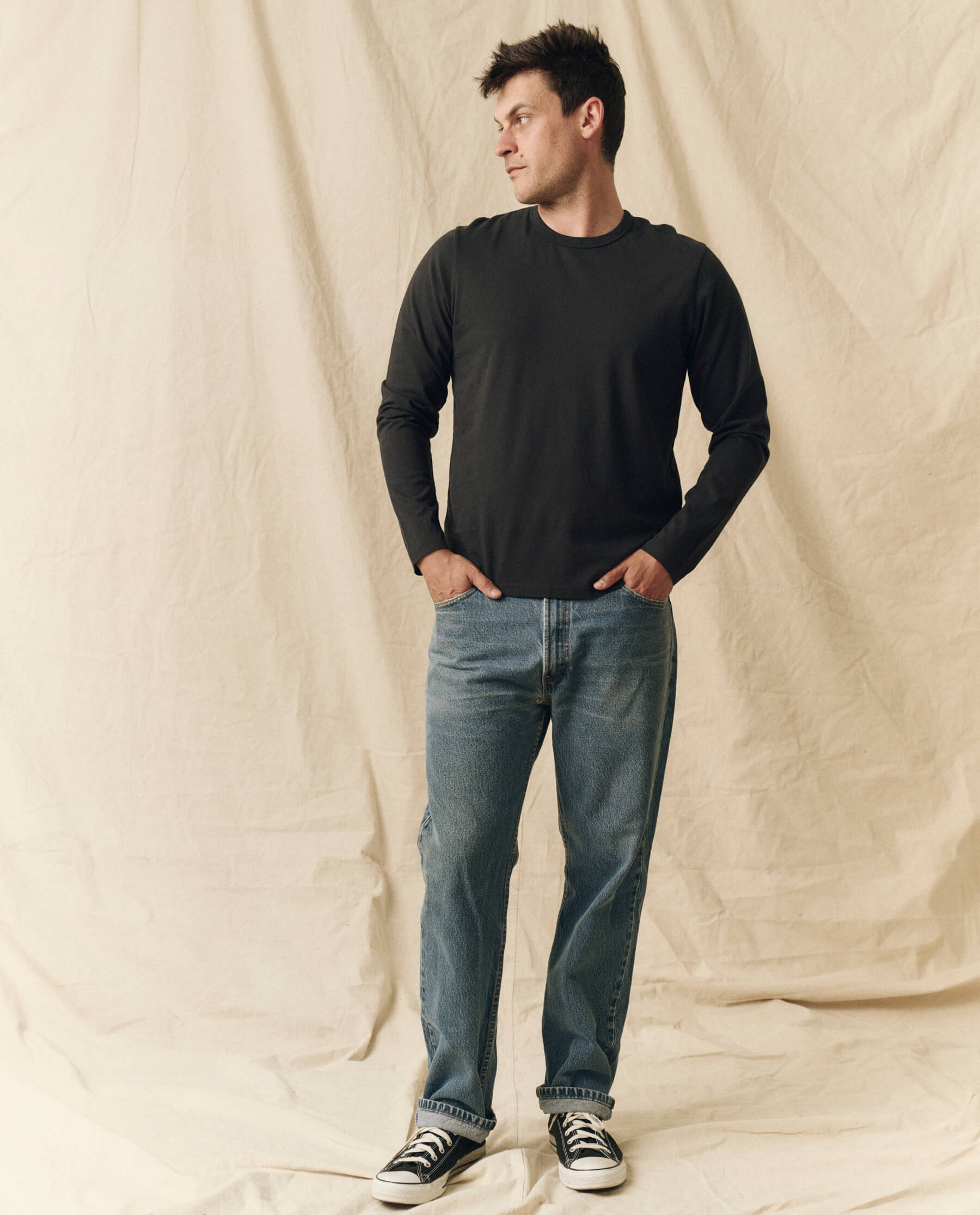 The Men's Pure Knits Long Sleeve Slim Crew. Solid -- Almost Black TEES THE GREAT. FALL 23 MEN