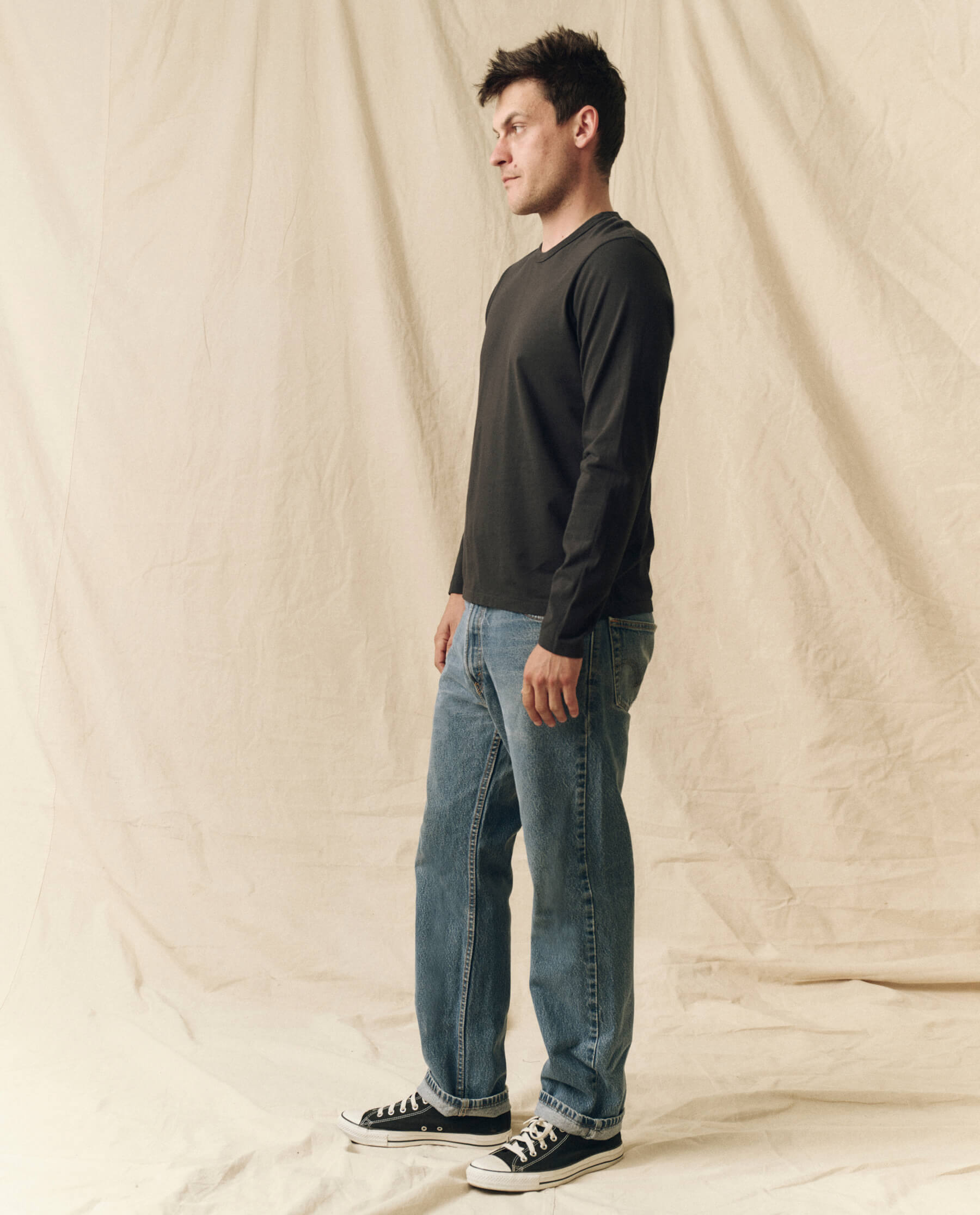 The Men's Pure Knits Long Sleeve Slim Crew. Solid -- Almost Black TEES THE GREAT. FALL 23 MEN