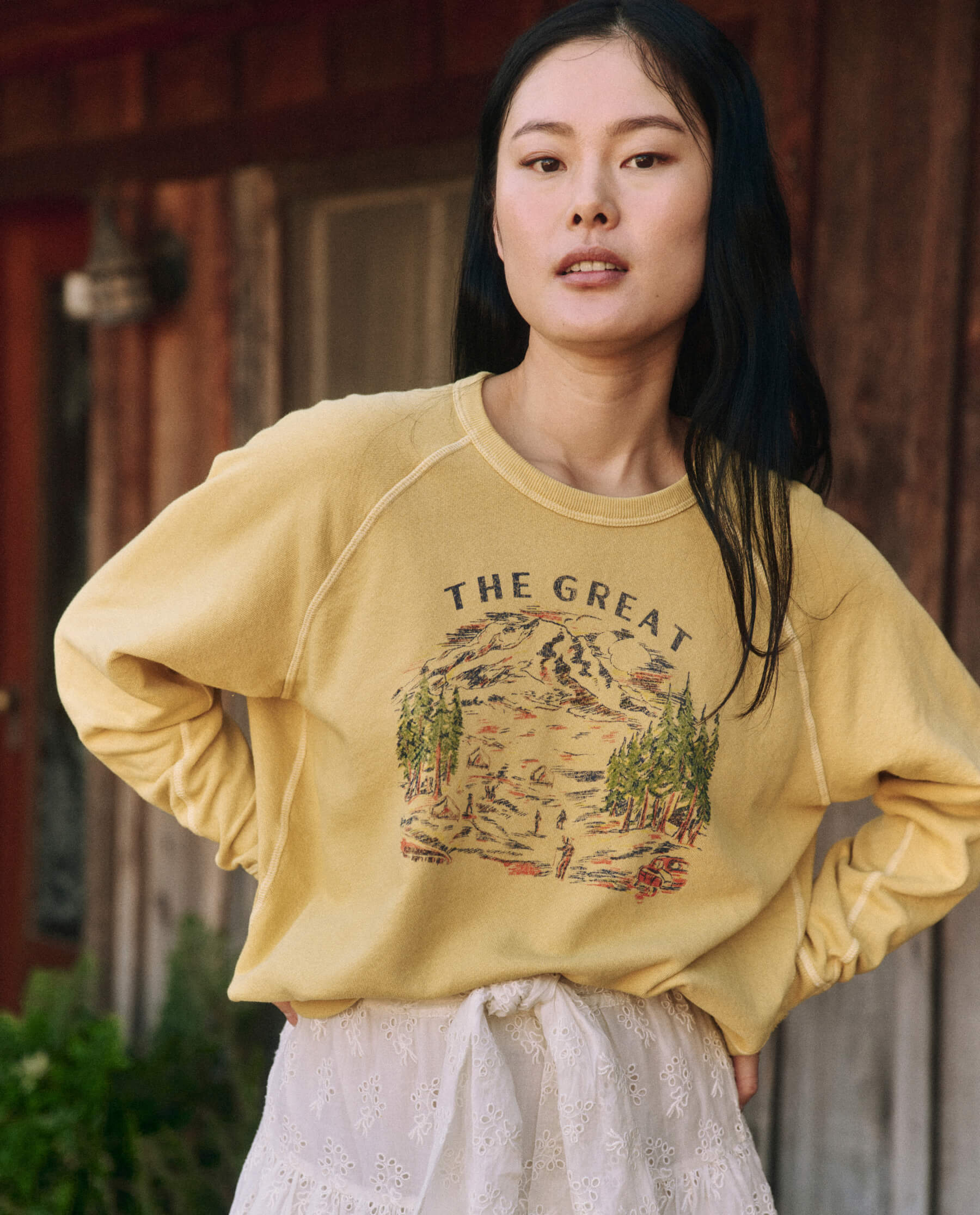 The College Sweatshirt. Graphic -- Straw with Woodsy Trail Graphic