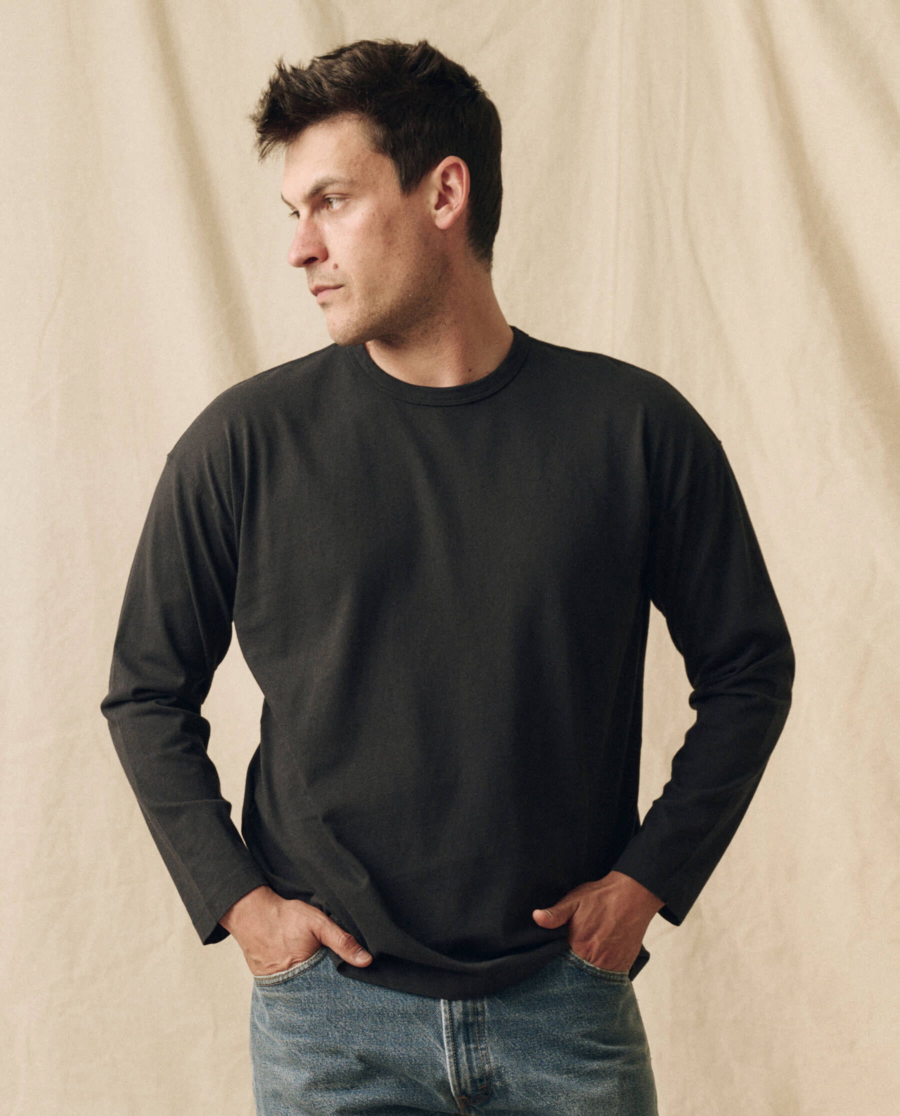 The Men's Pure Knits Long Sleeve Boxy Crew. Solid -- Almost Black