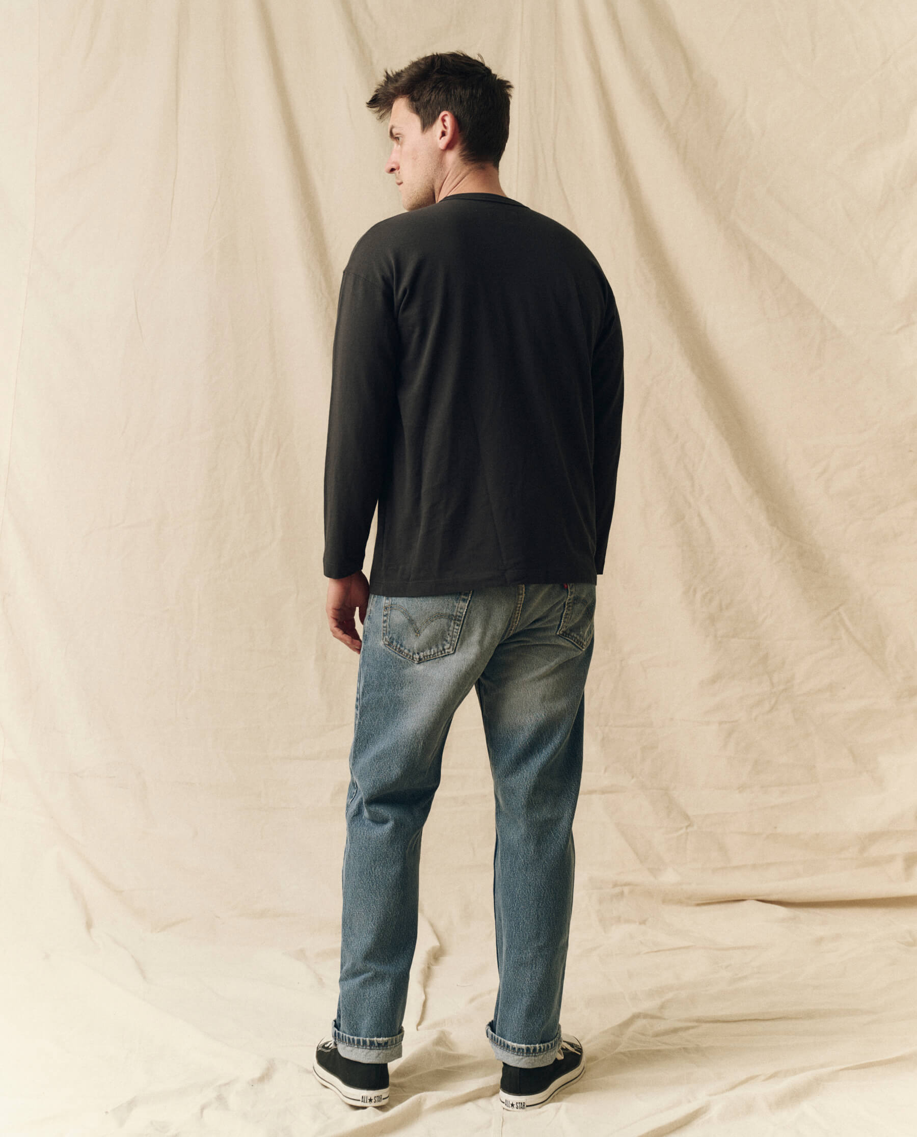 The Men's Pure Knits Long Sleeve Boxy Crew. Solid -- Almost Black TEES THE GREAT. FALL 23 MEN