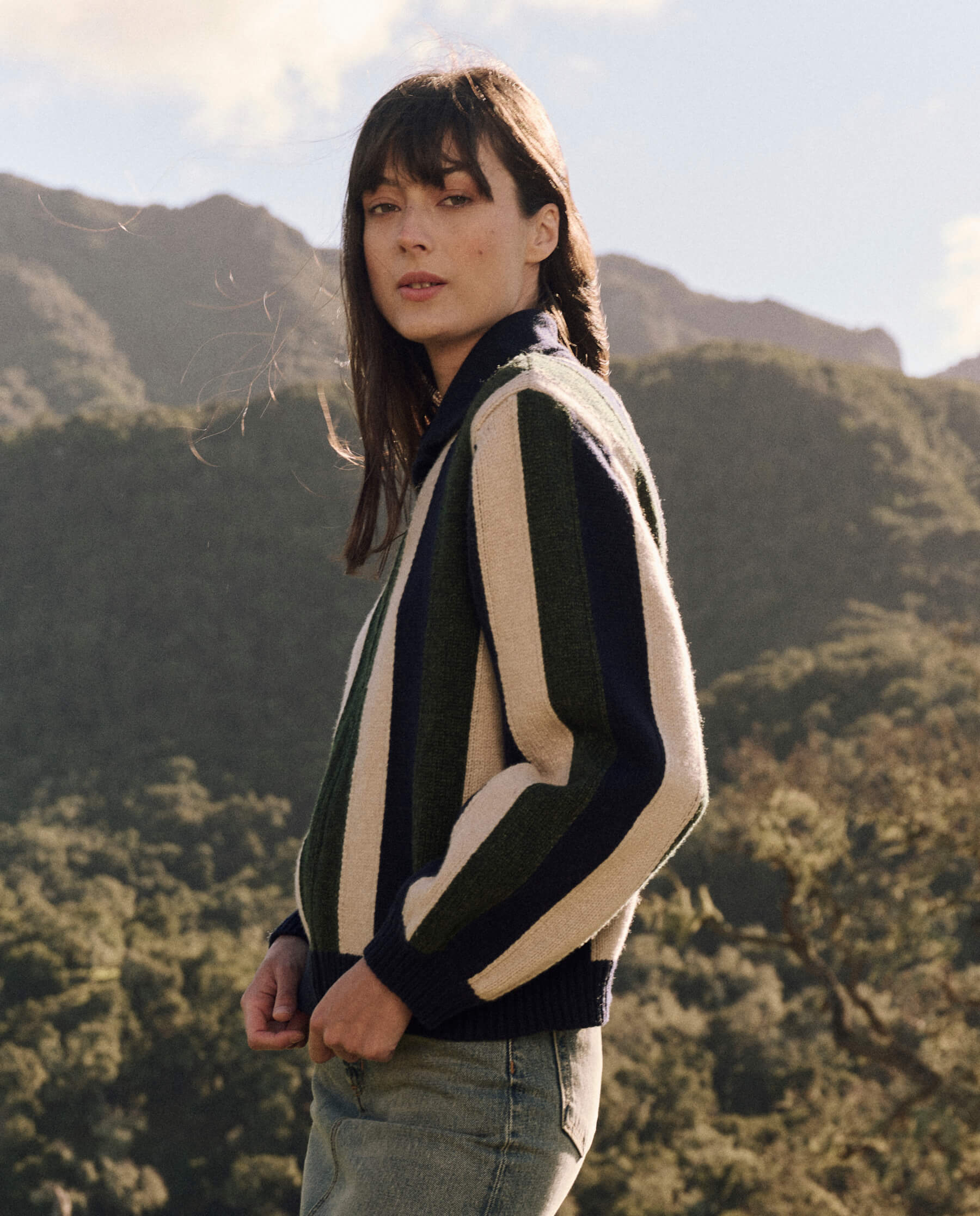 The Zip Front Cardigan. -- Olive Vine Stripe SWEATERS THE GREAT. FALL 24 D1