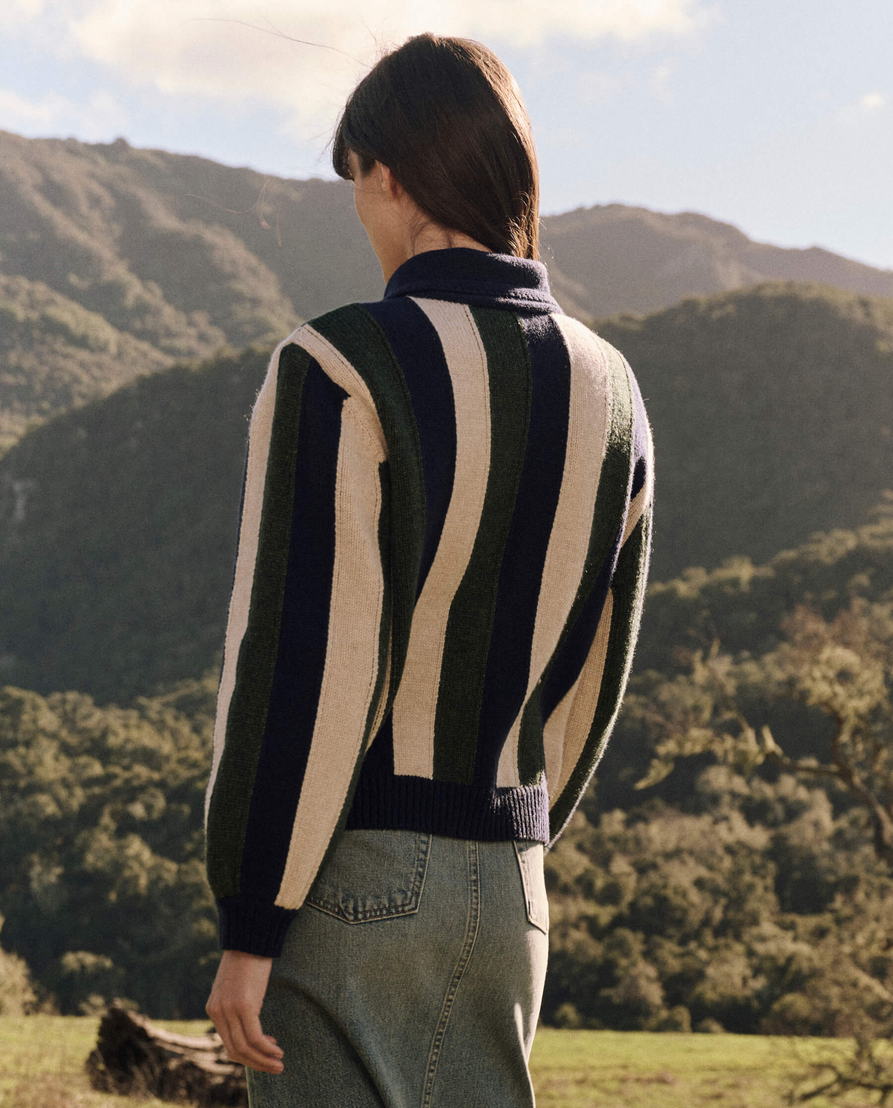 The Zip Front Cardigan. -- Olive Vine Stripe SWEATERS THE GREAT. FALL 24 D1