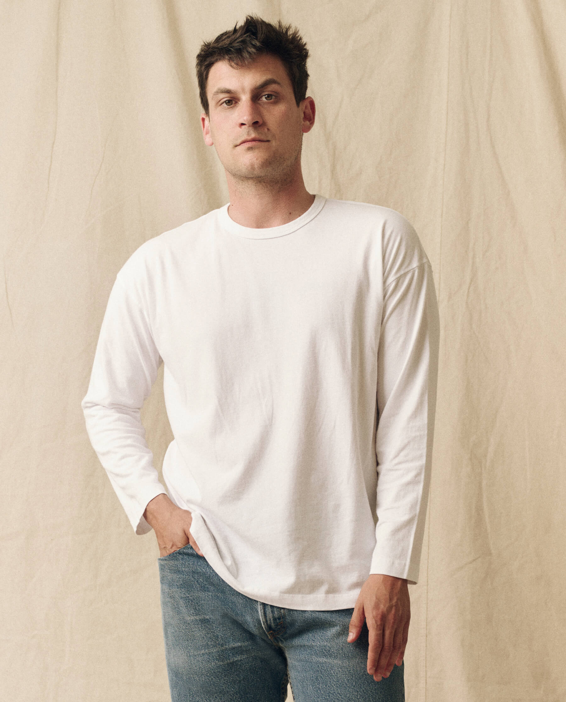 The Men's Pure Knits Long Sleeve Boxy Crew. Solid -- True White TEES THE GREAT. FALL 23 MEN