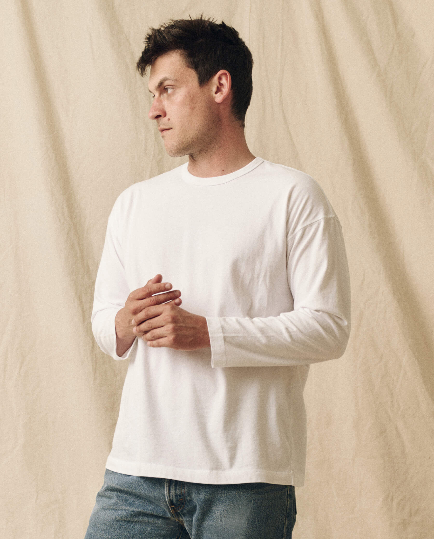 The Men's Pure Knits Long Sleeve Boxy Crew. Solid -- True White