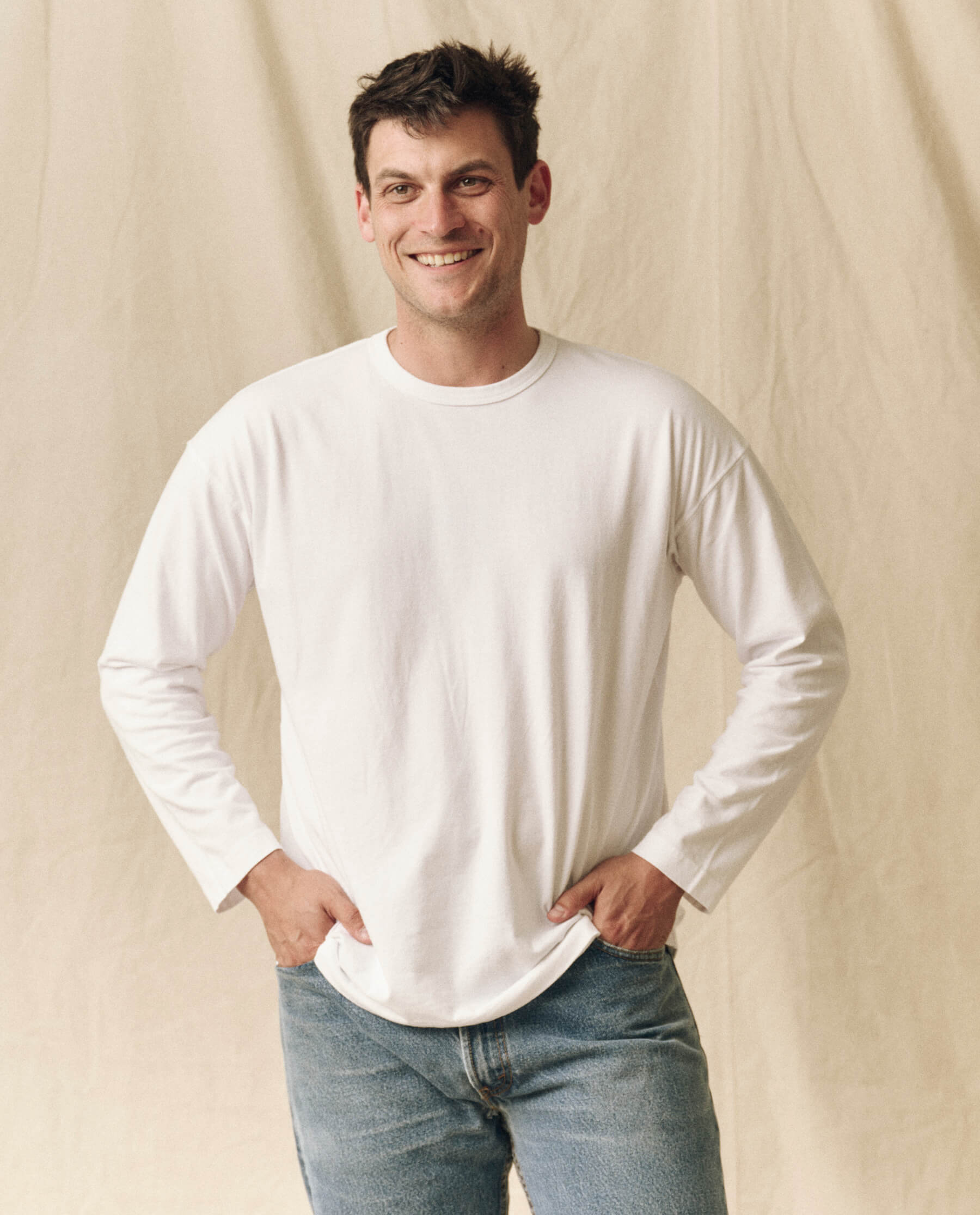 The Men's Pure Knits Long Sleeve Boxy Crew. Solid -- True White
