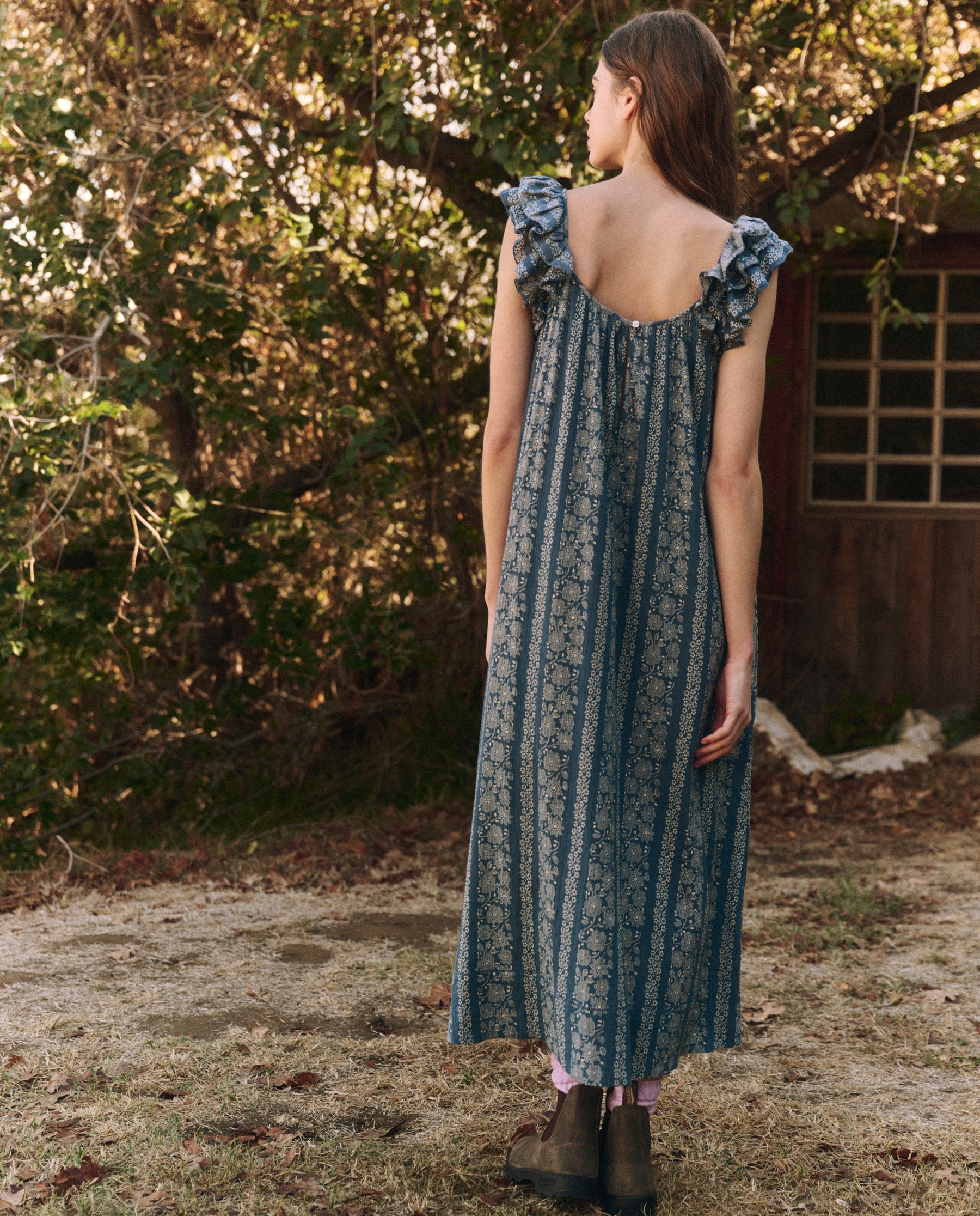 The Cascade Dress. -- Blue and Cream Token Floral