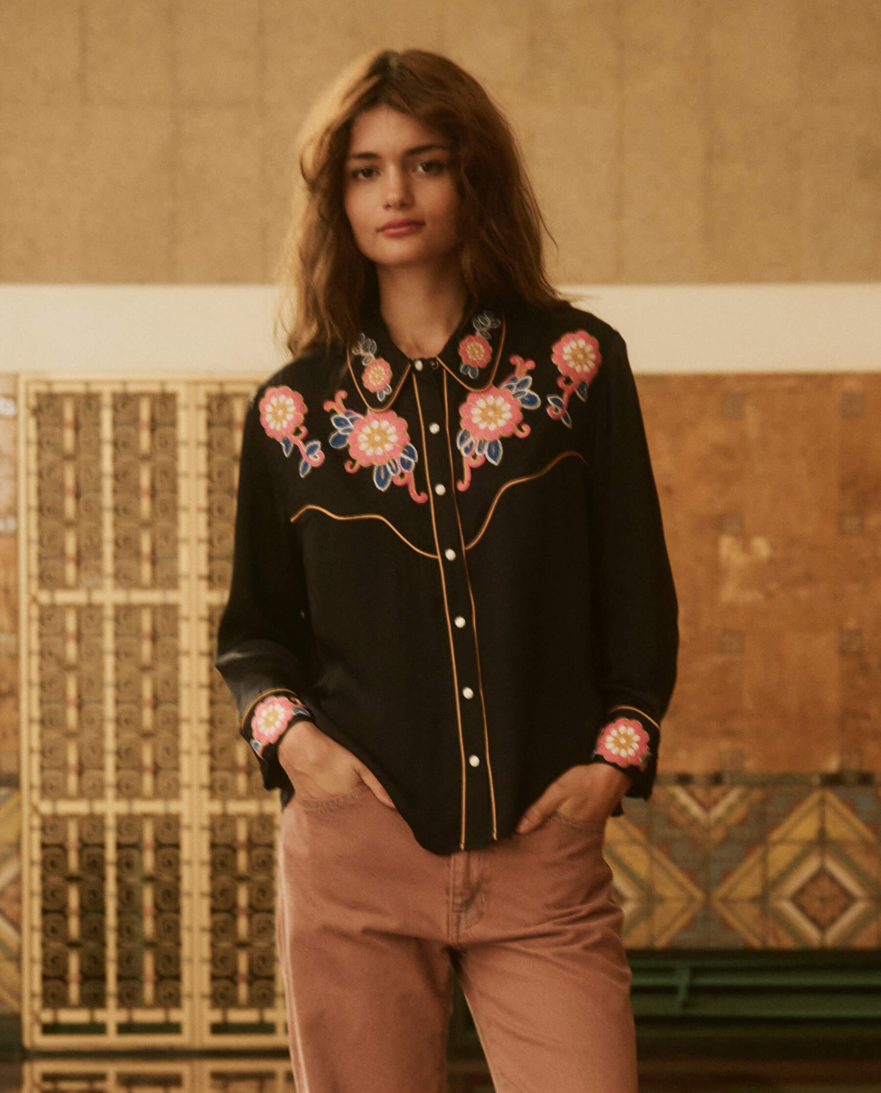 The Gaucho Top. -- Navy Country Floral Embroidery