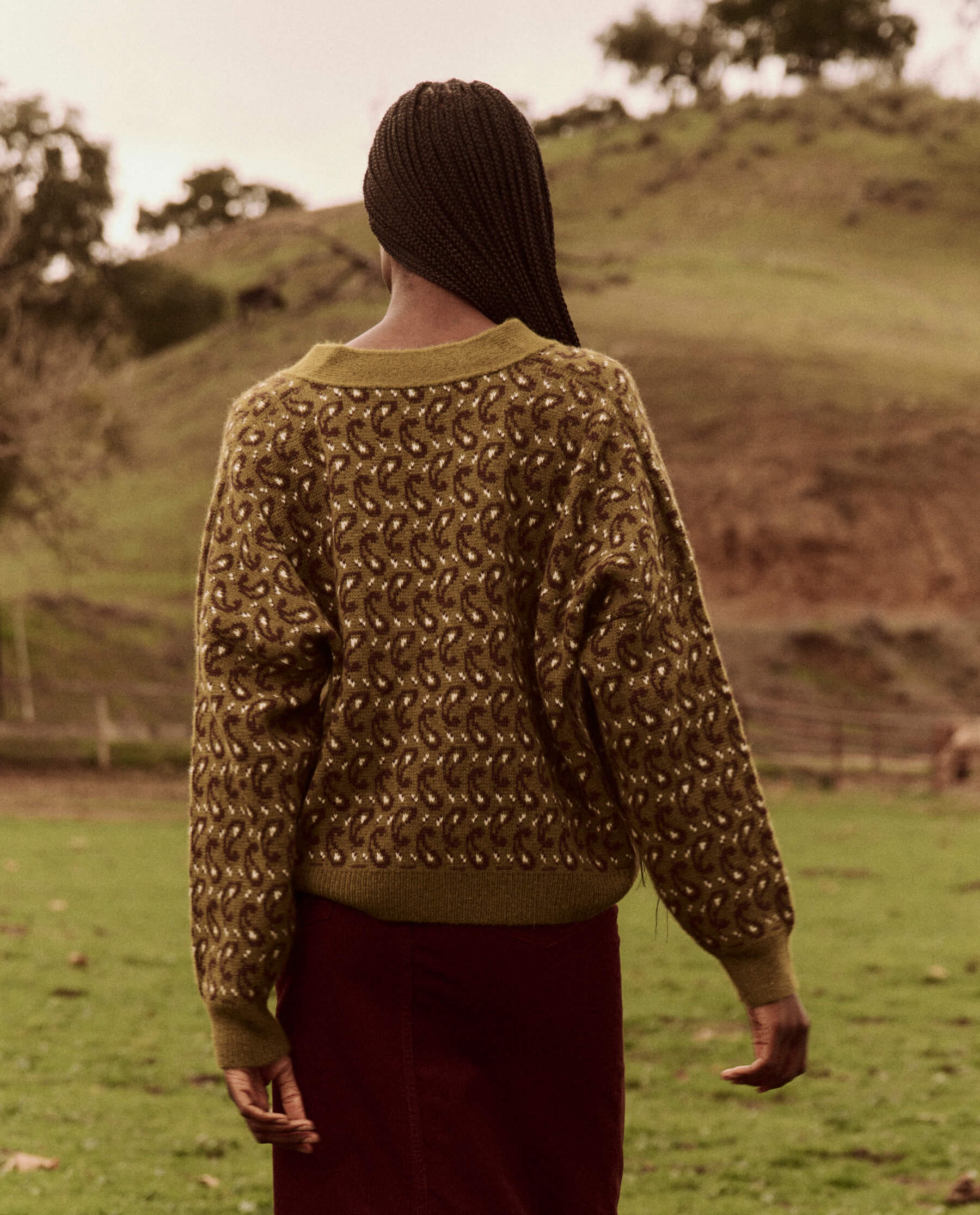 The Slouch Cardigan. -- Army Paisley SWEATERS THE GREAT. FALL 24 D2