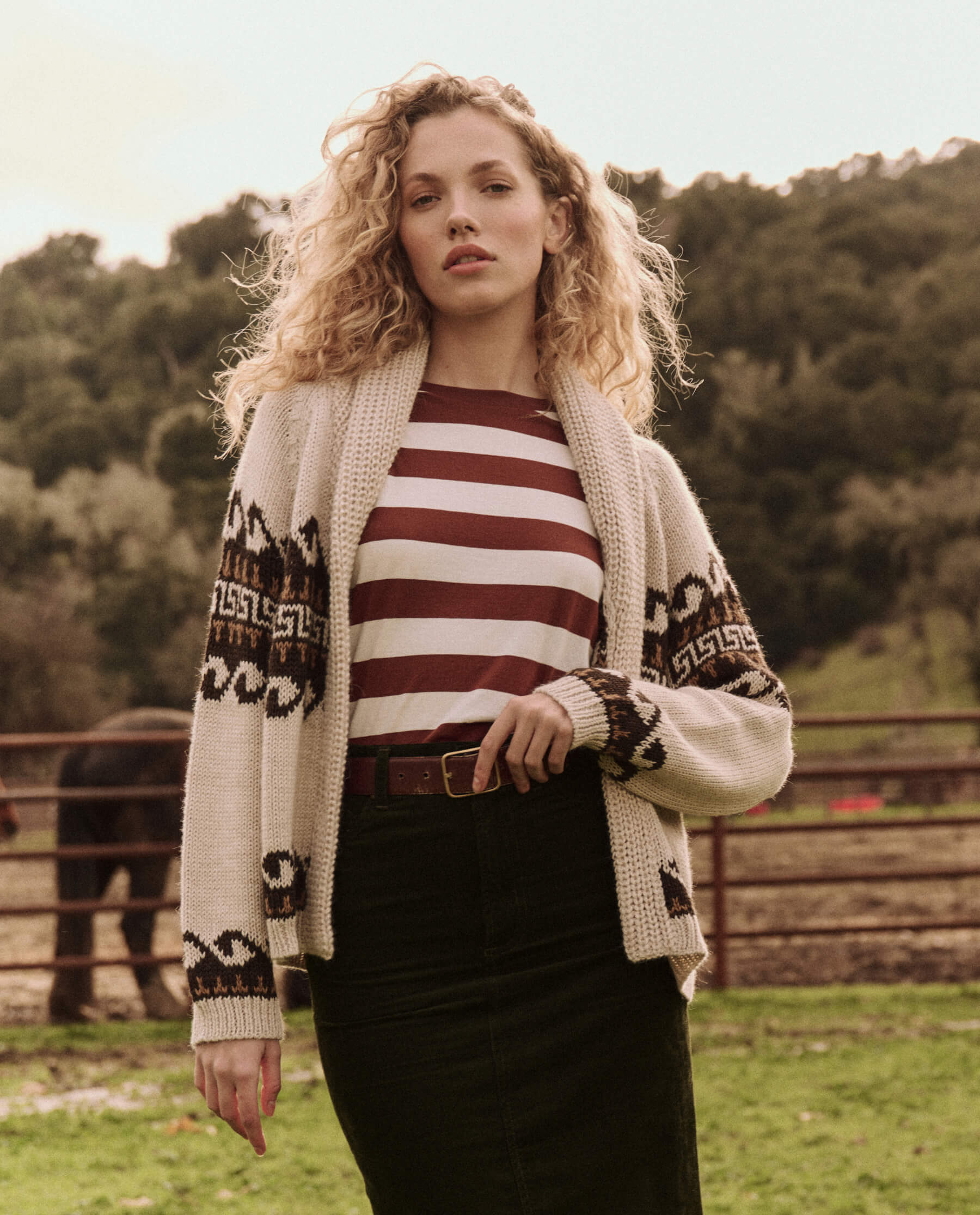 The Greek Key Lodge Cardigan. -- Cream with Driftwood SWEATERS THE GREAT. FALL 24 D2