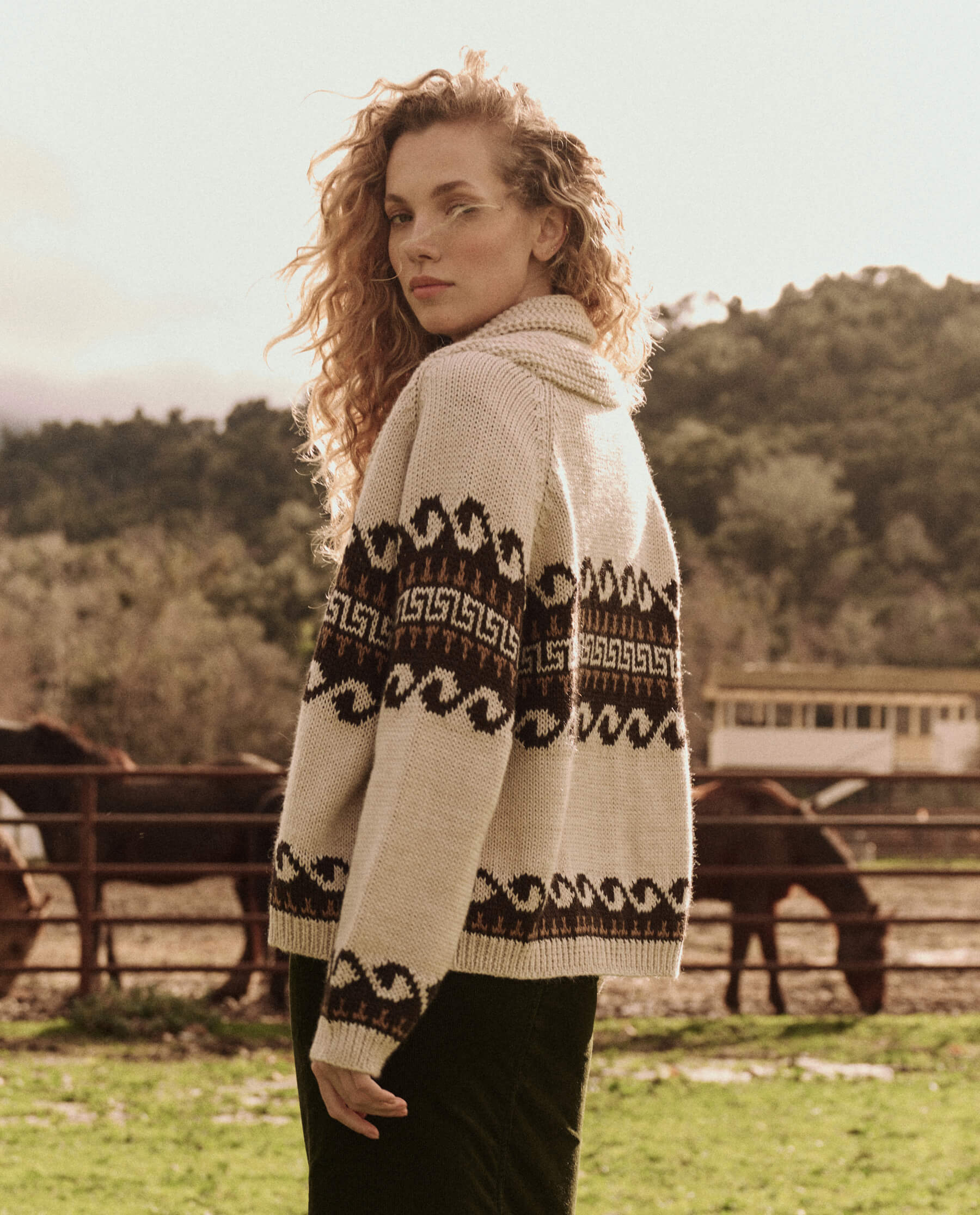 The Greek Key Lodge Cardigan. -- Cream with Driftwood SWEATERS THE GREAT. FALL 24 D2