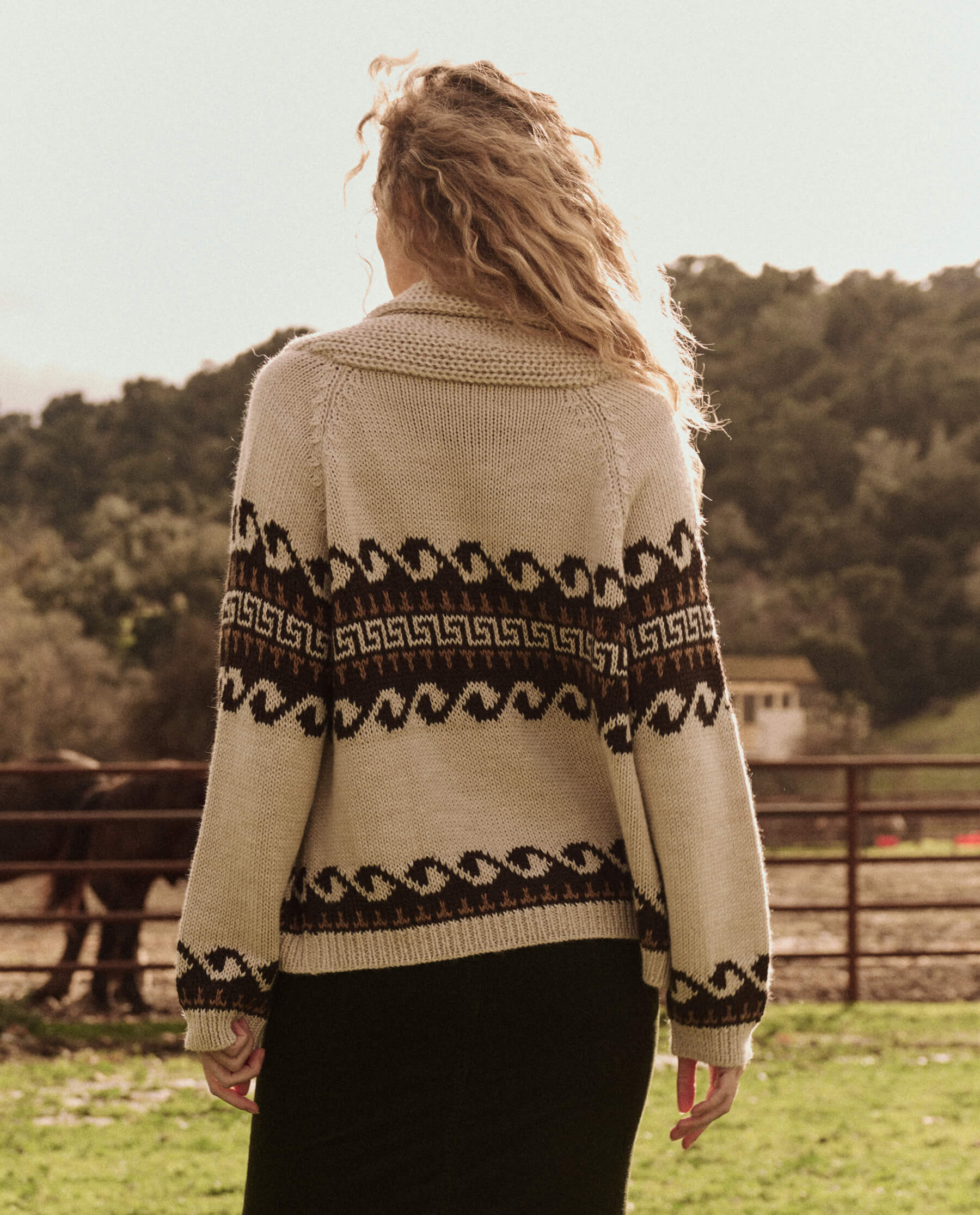 The Greek Key Lodge Cardigan. -- Cream with Driftwood SWEATERS THE GREAT. FALL 24 D2