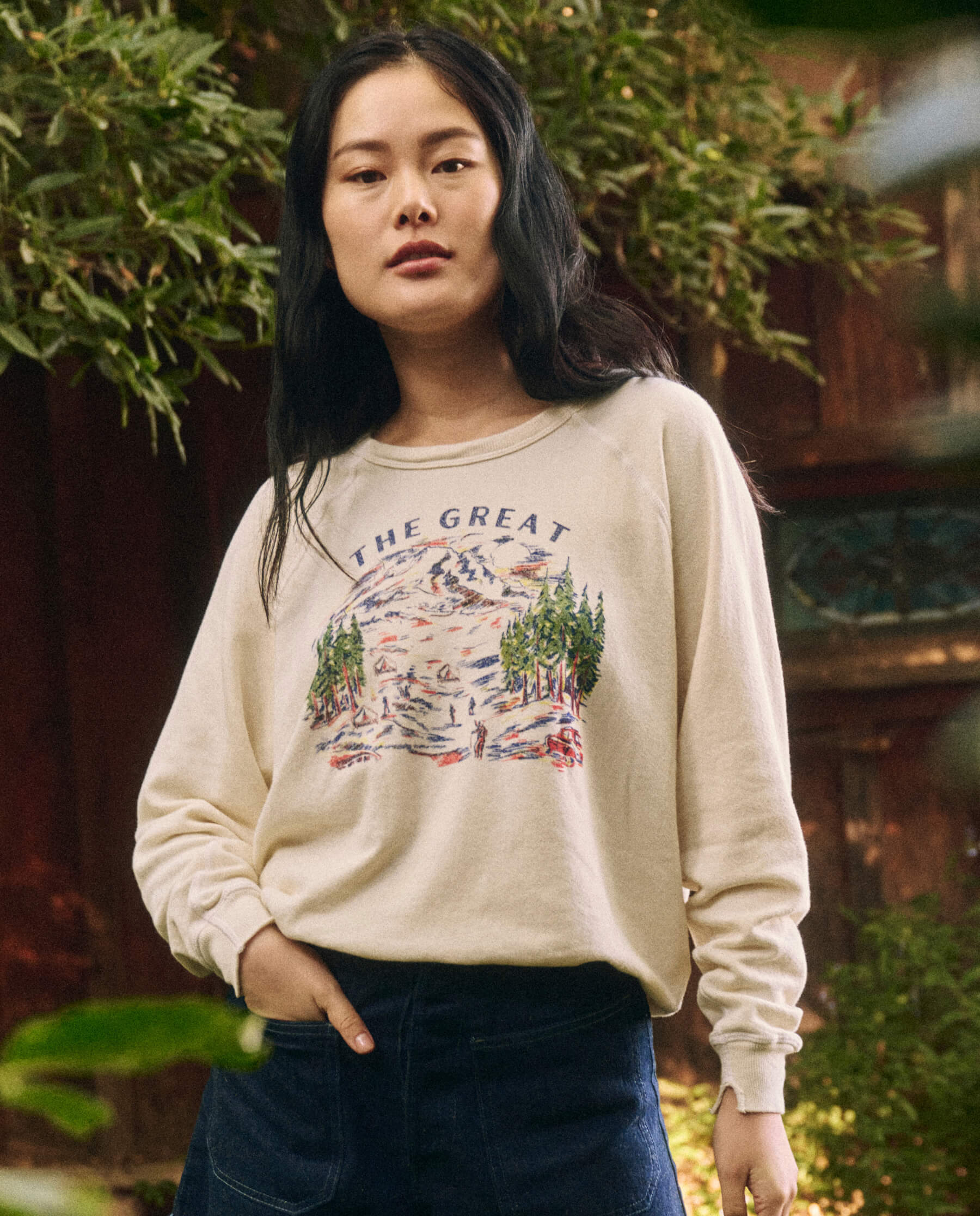 The College Sweatshirt. Graphic -- Washed White with Woodsy Trail Graphic